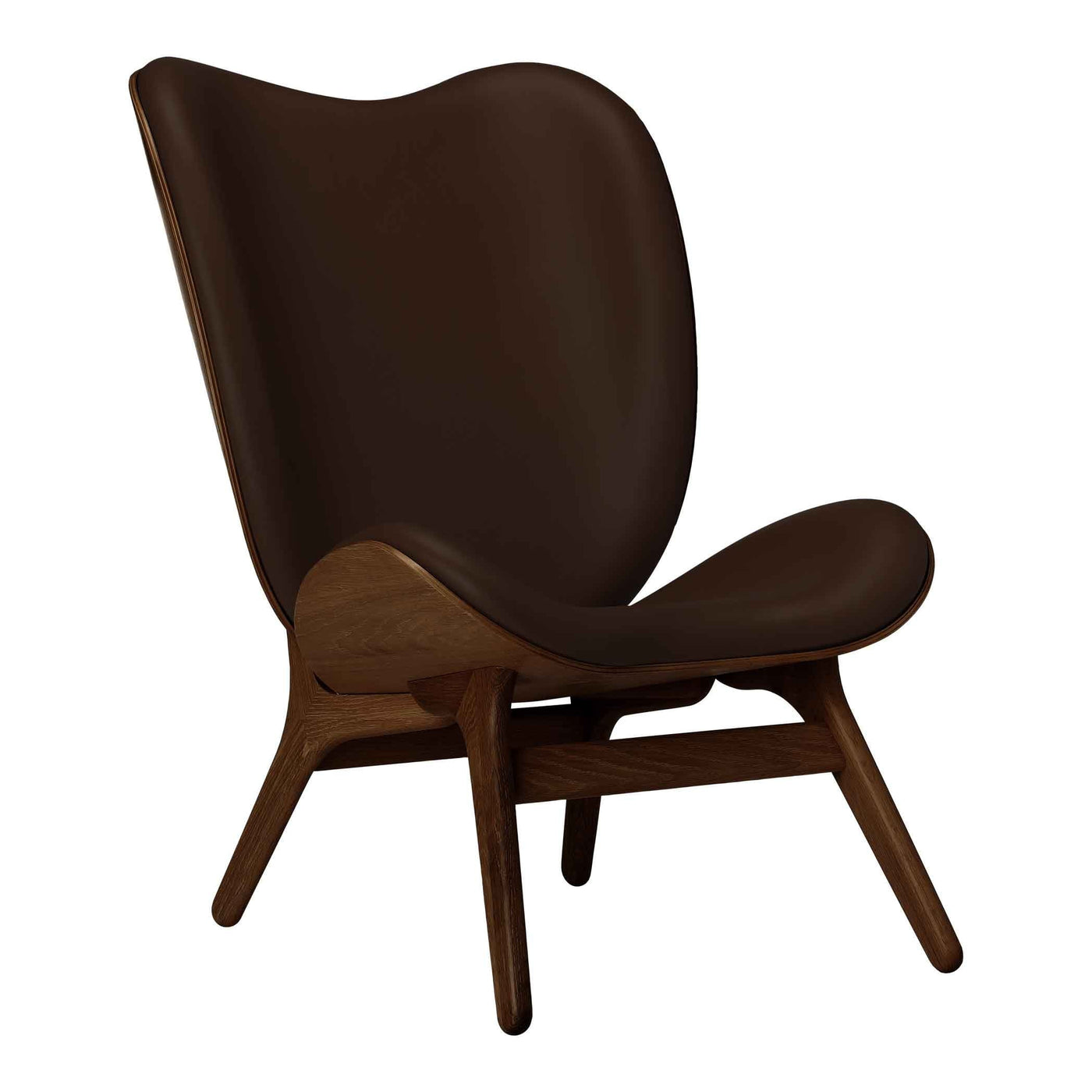 Umage A Conversation Piece Tall, fauteuil confortable avec dossier haut, en bois et tissu, chêne foncé, cuir brun