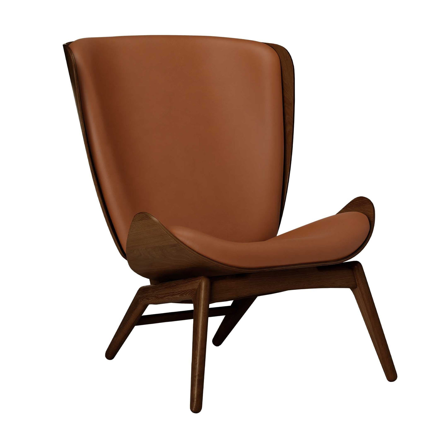 Umage The reader, fauteuil avec dossier haut, en bois et polyester, cuir cognac, chêne foncé