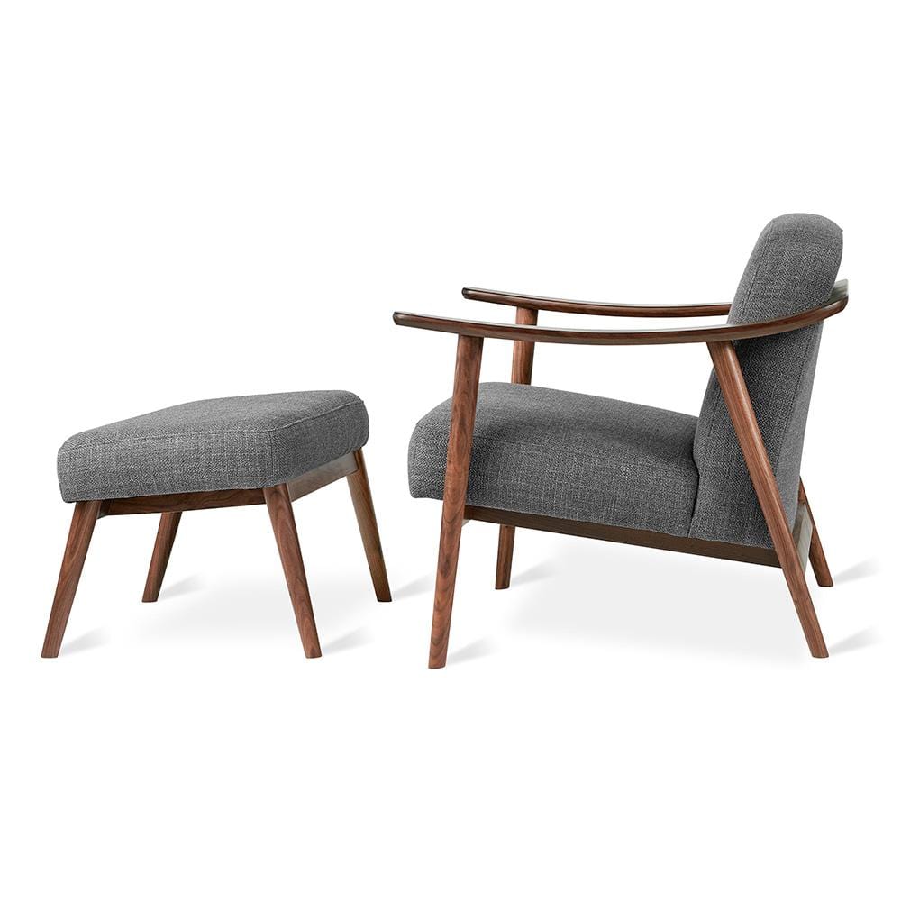 Gus* Modern Baltic, ensemble de fauteuil et ottoman, en bois et tissu, andorra pewter / noyer
