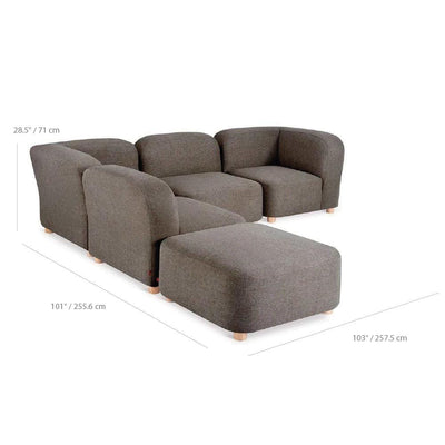 Gus* Modern Circuit Modular 5, sofa modulable aux coins arrondis, en bois et tissu, dimensions