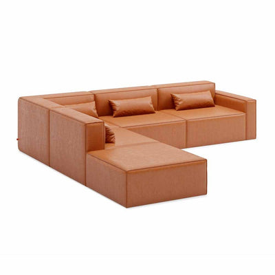 Gus* Modern Mix Modular 5, sofa modulaire 5 places, en bois et tissu, cuirvegan cognac, gauche