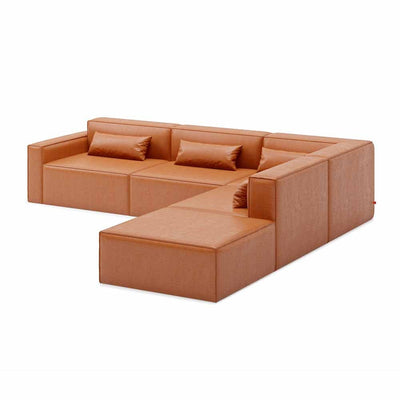 Gus* Modern Mix Modular 5, sofa modulaire 5 places, en bois et tissu, cuir vegan cognac, droit