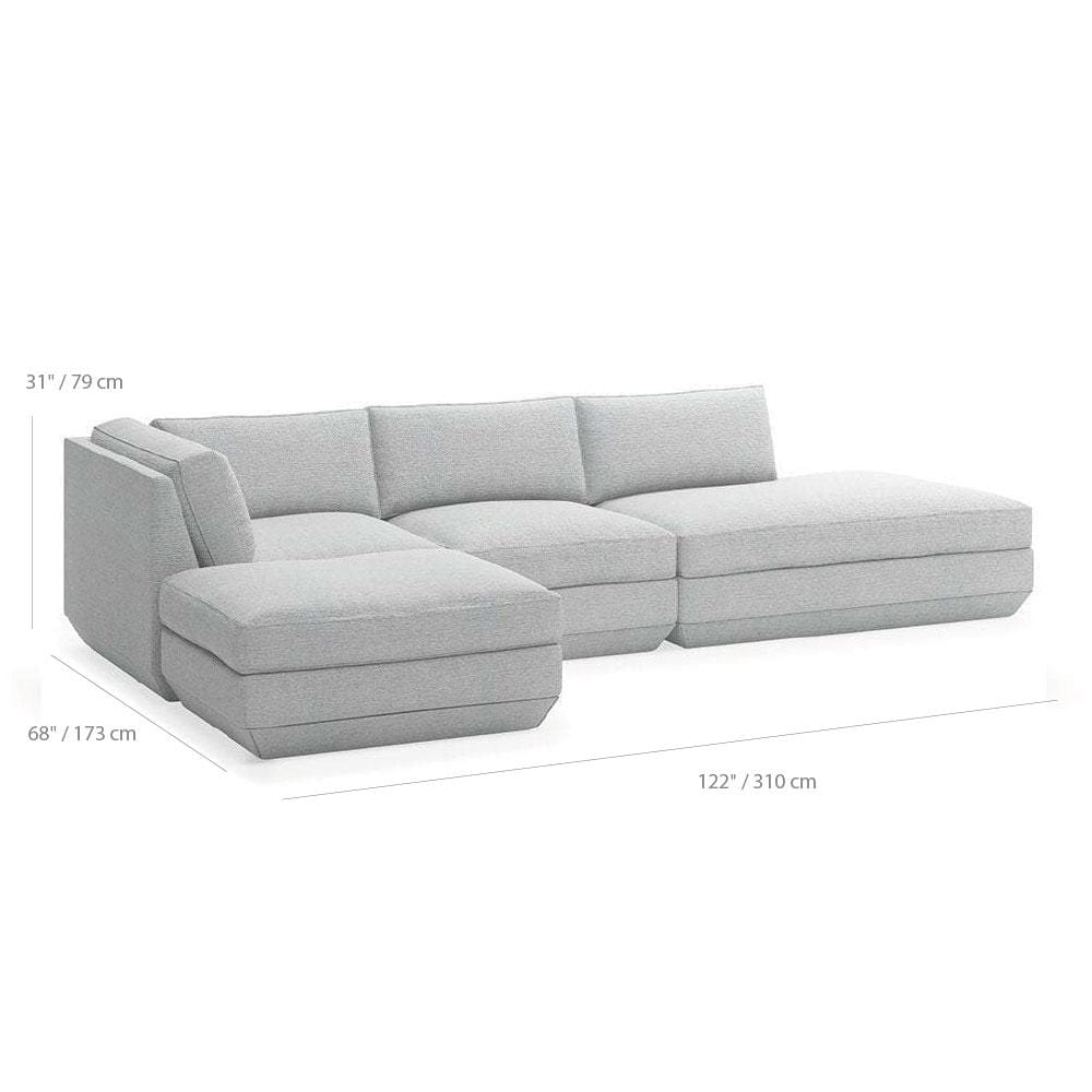 Gus* Modern Podium 4, sofa sectionnel lounge et ottoman, en bois et tissu, dimensions