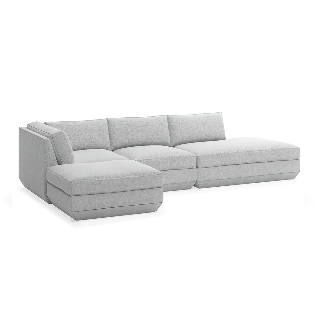 Gus* Modern Podium 4, sofa sectionnel lounge et ottoman, en bois et tissu, bayview silver, gauche
