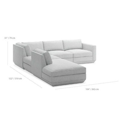 Gus* Modern Podium 5, sofa lounge 5 places, en bois et tissu, dimensions