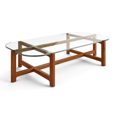 Gus* Modern Quarry, table à café rectangulaire, en bois et verre, verre transparent, noyer