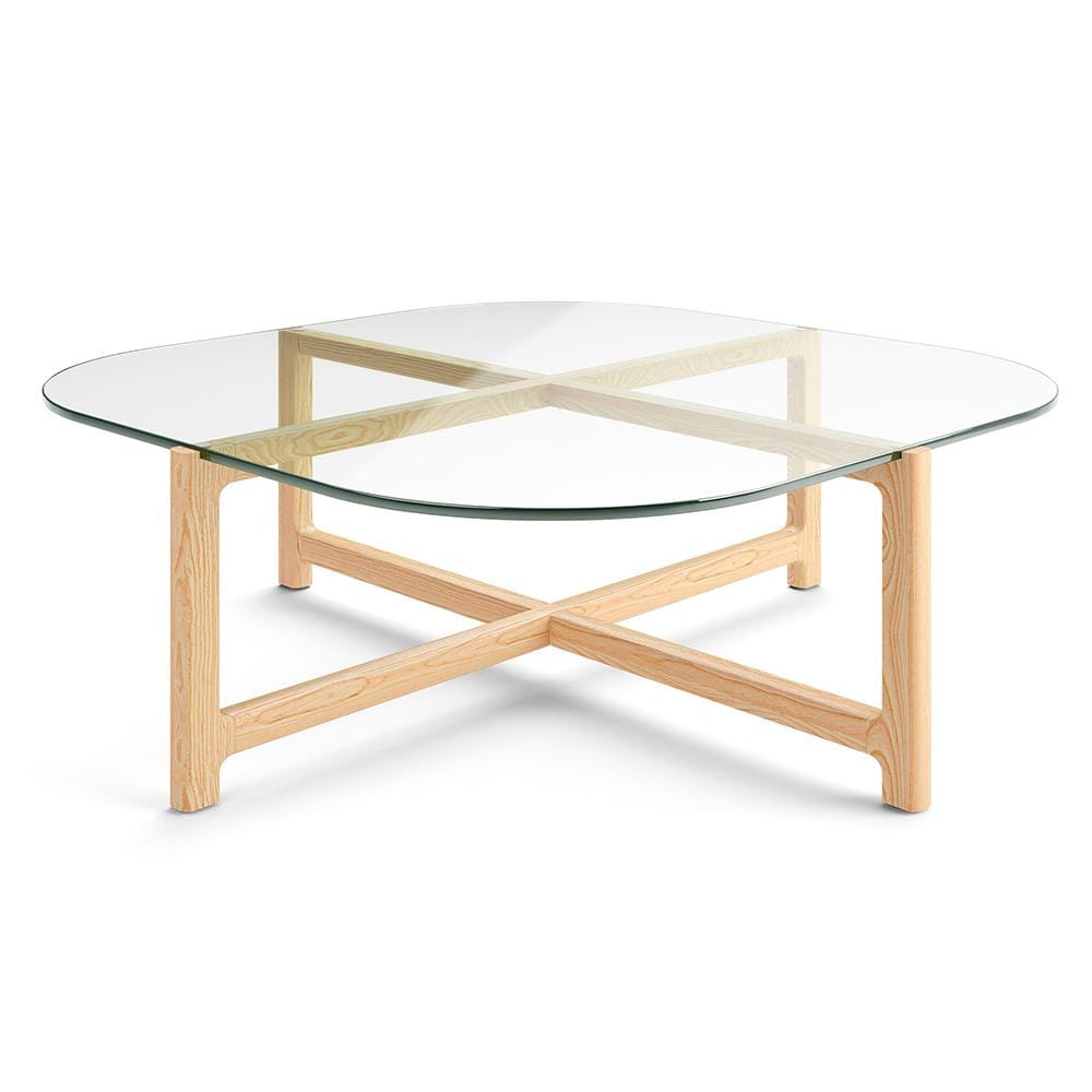 Gus* Modern Quarry, table à café carrée, en bois et verre, verre transparent, frêne