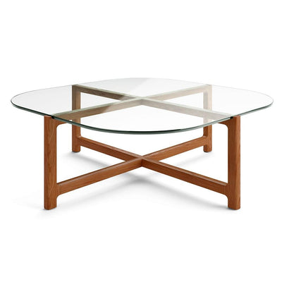 Gus* Modern Quarry, table à café carrée, en bois et verre, verre transparent, noyer