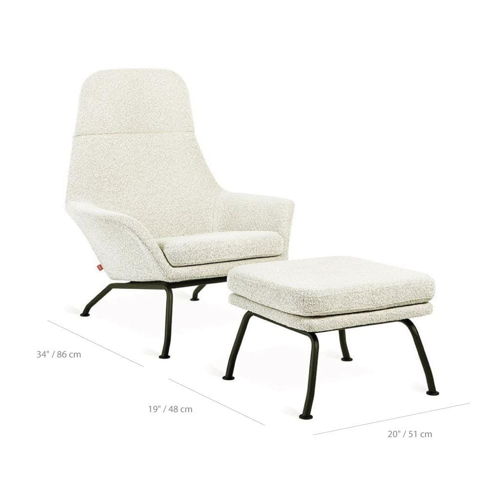 Gus* Modern Tallinn, fauteuil avec dossier haut et ottoman, en tissu et métal, dimensions