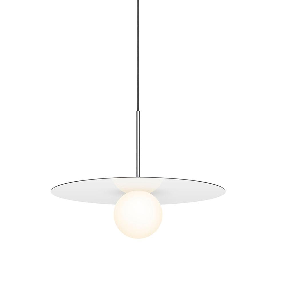 Pablo Designs Bola Disc, lampe suspendue LED avec un globe en verre et un abat-jour en forme de disque, en aluminium, blanc, 18ʼʼ
