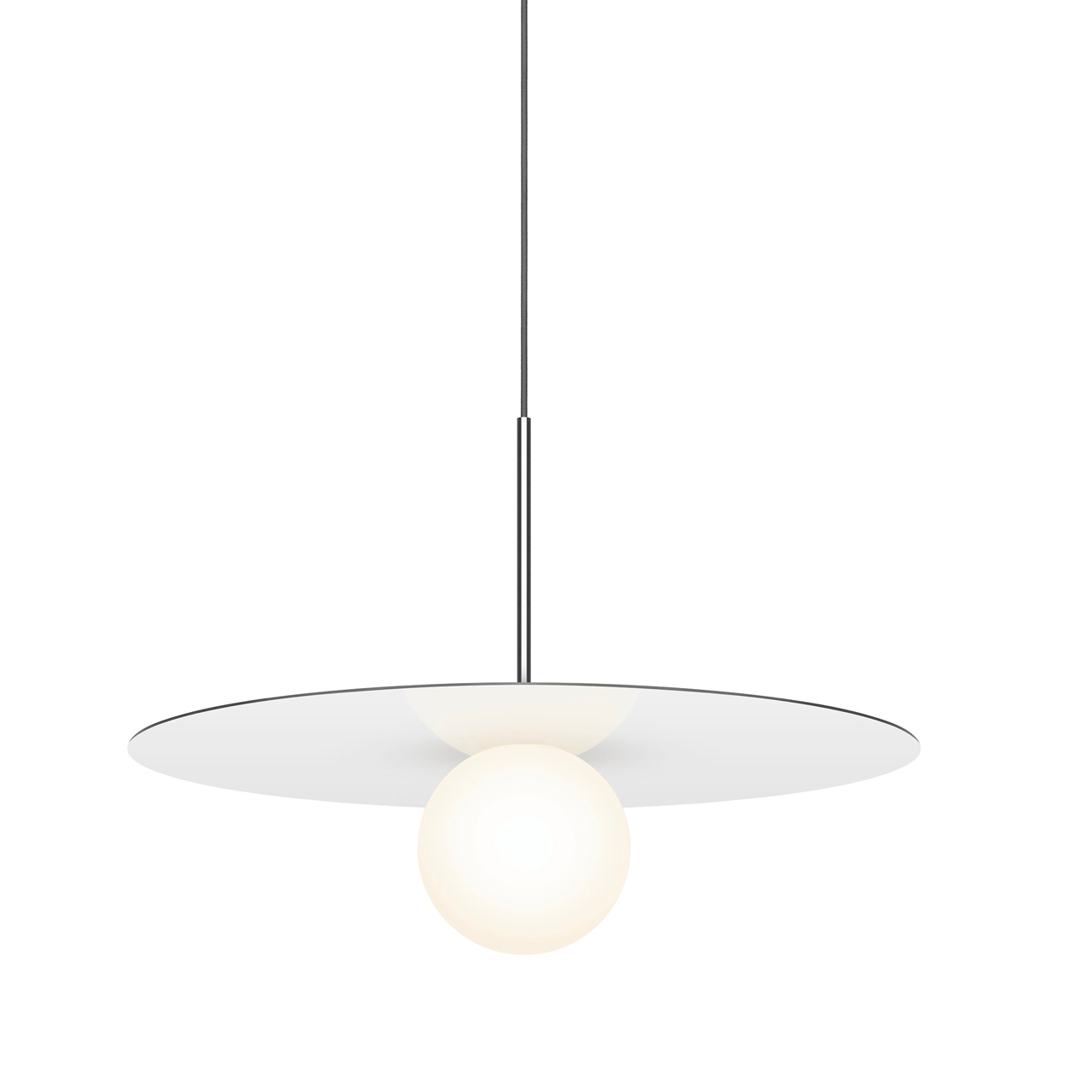 Pablo Designs Bola Disc, lampe suspendue LED avec un globe en verre et un abat-jour en forme de disque, en aluminium, blanc, 22ʼʼ