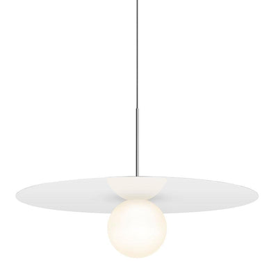 Pablo Designs Bola Disc, lampe suspendue LED avec un globe en verre et un abat-jour en forme de disque, en aluminium, blanc, 32ʼʼ