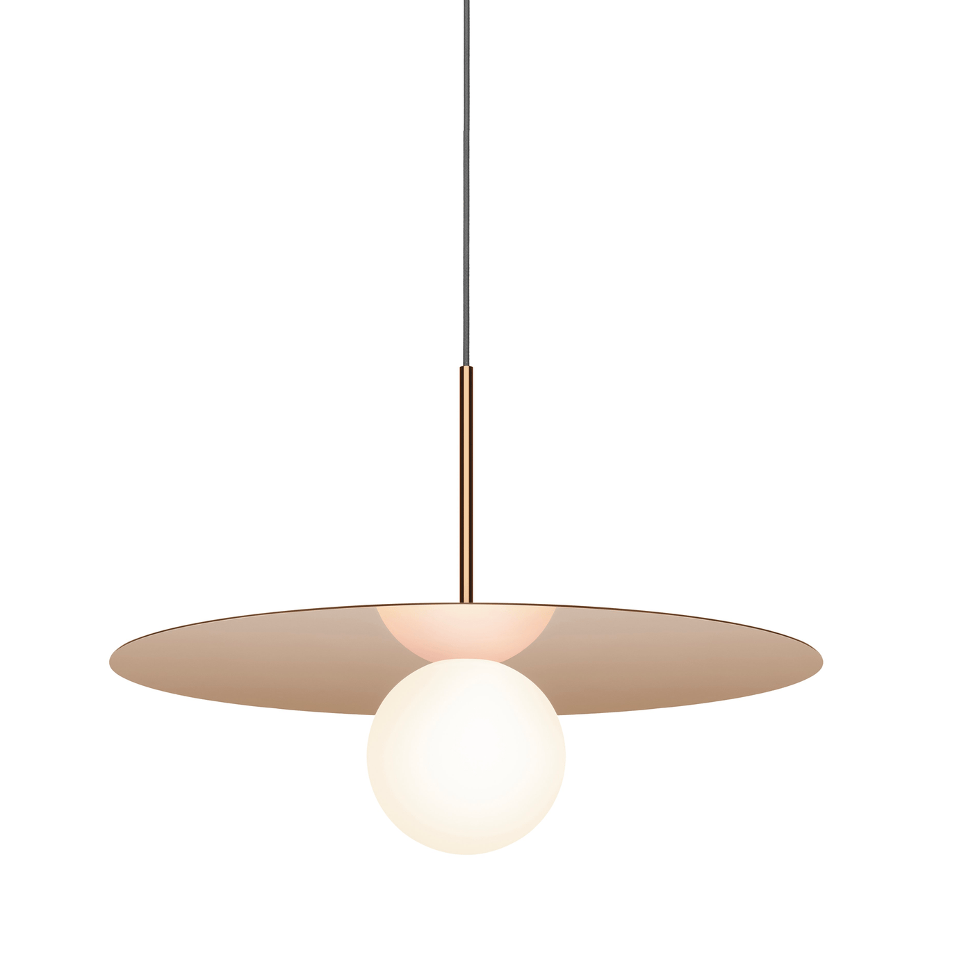 Pablo Designs Bola Disc, lampe suspendue LED avec un globe en verre et un abat-jour en forme de disque, en aluminium, or rose, 22ʼʼ