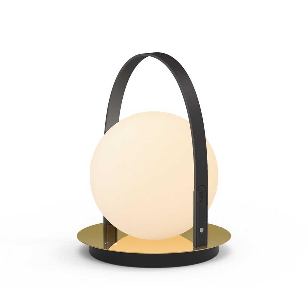 Pablo Designs Bola, lampe de table lanterne ronde avec lanière, en acier inoxydable, cuir et verre, laiton, noir