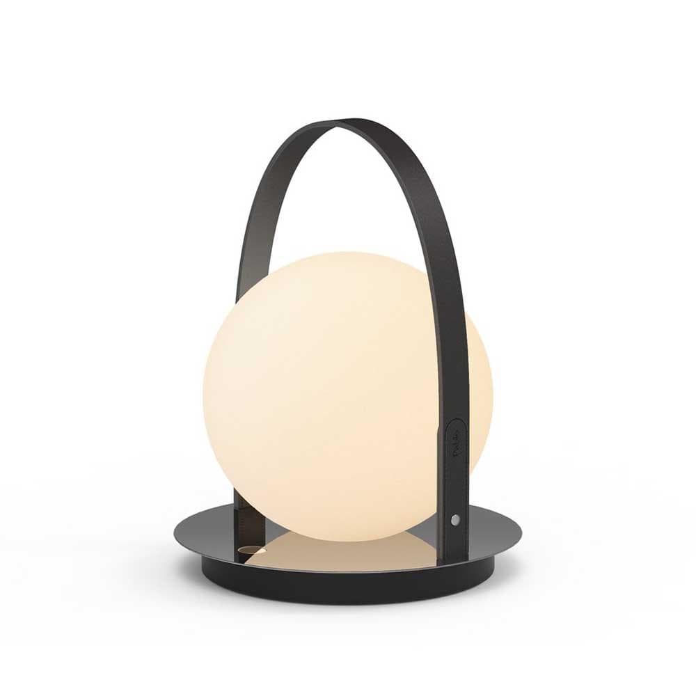 Pablo Designs Bola, lampe de table lanterne ronde avec lanière, en acier inoxydable, cuir et verre, métal, noir