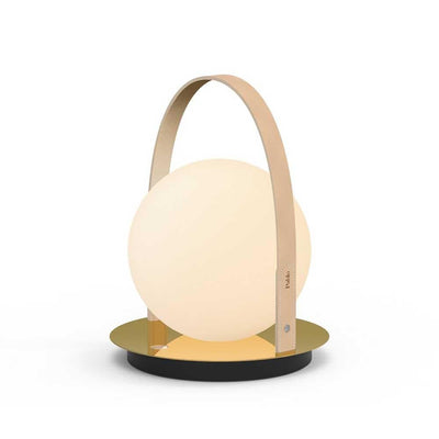 Pablo Designs Bola, lampe de table lanterne ronde avec lanière, en acier inoxydable, cuir et verre, laiton, bronze