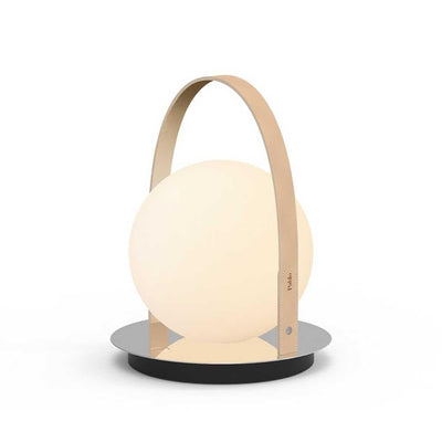 Pablo Designs Bola, lampe de table lanterne ronde avec lanière, en acier inoxydable, cuir et verre, chrome, bronze
