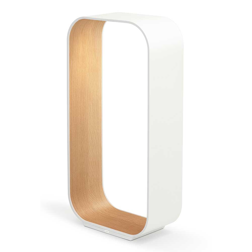 Pablo Designs Contour, lampe de table LED avec un espace intérieur, en aluminium et bois ou tissu, blanc, chêne blanc, grand