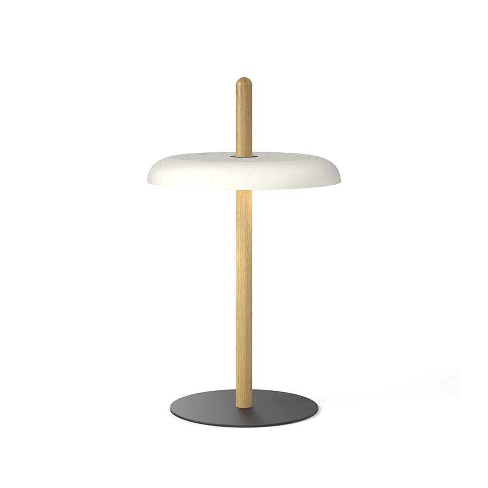 Pablo Designs Nivél, lampe de table avec l'abat-jour à hauteur réglable et portable, en bois et métal, blanc, chêne