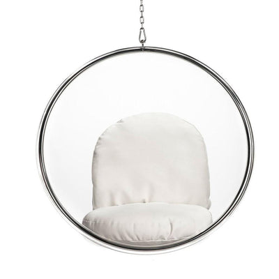 Reproduction Bubble, chaise suspendue, en acrylique et le coussin est en vinyle, crème