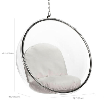 Reproduction Bubble, chaise suspendue, en acrylique et le coussin est en vinyle, dimensions