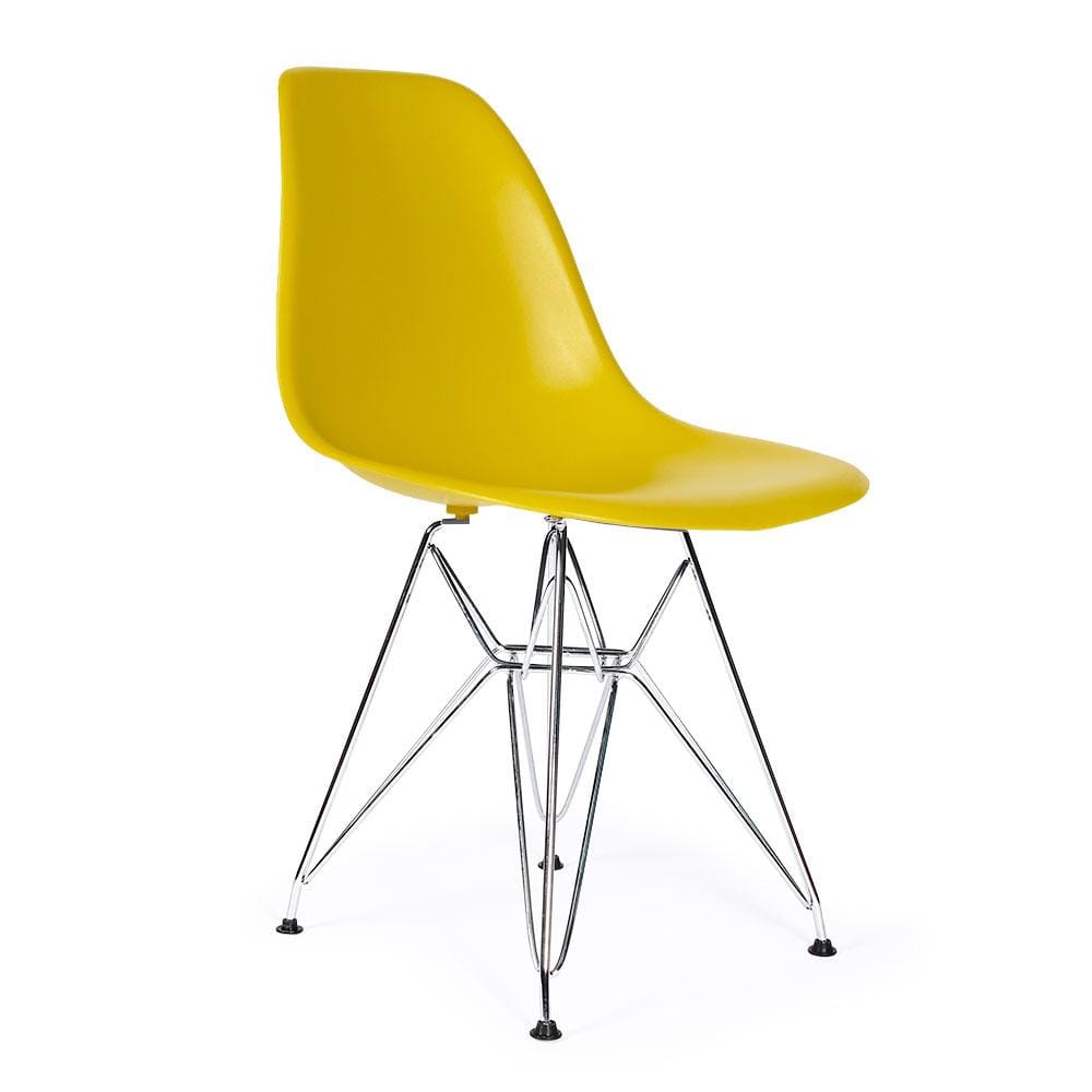 Reproduction Eiffel DSR, chaise à dîner, en polypropylène, bois et métal,  jaune moutarde, métal chrome