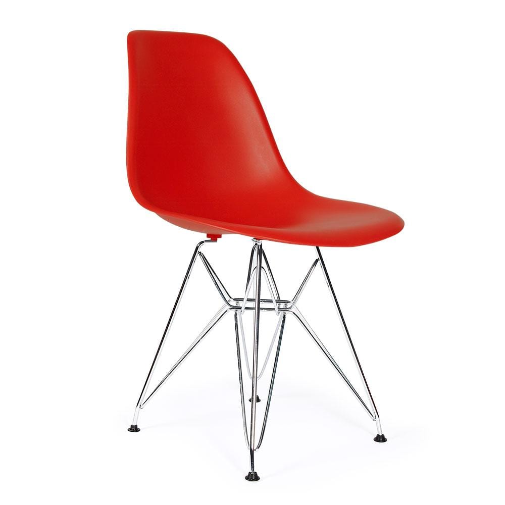 Reproduction Eiffel DSR, chaise à dîner, en polypropylène, bois et métal,  rouge, métal chrome