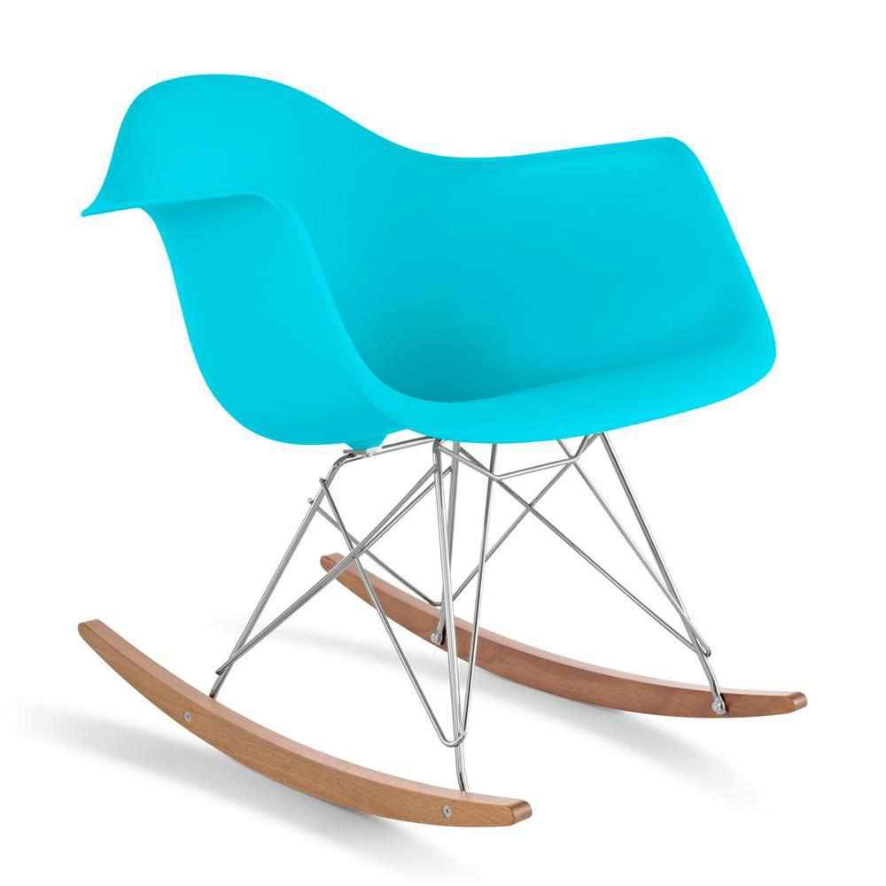 Reproduction Eiffel RAR, chaise berçante, en polypropylène, bois et métal,  bleu aqua, frêne chrome