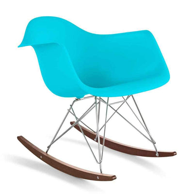 Reproduction Eiffel RAR, chaise berçante, en polypropylène, bois et métal,  bleu aqua, noyer chrome