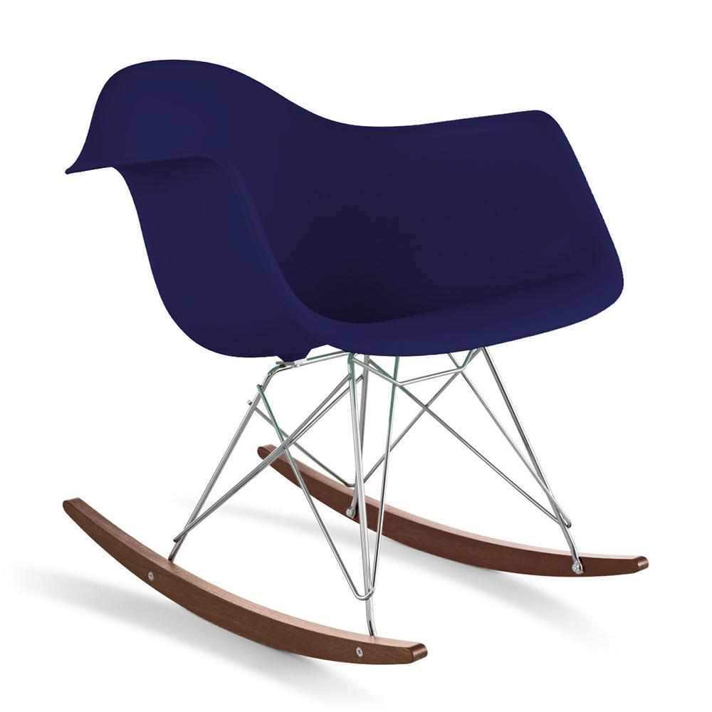 Reproduction Eiffel RAR, chaise berçante, en polypropylène, bois et métal,  bleu marine, noyer chrome