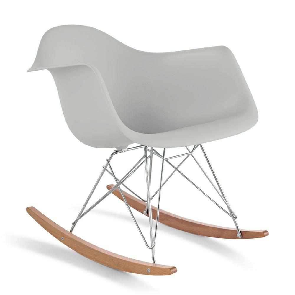 Reproduction Eiffel RAR, chaise berçante, en polypropylène, bois et métal,  gris pâle, frêne chrome