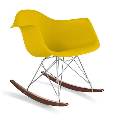 Reproduction Eiffel RAR, chaise berçante, en polypropylène, bois et métal,  jaune moutarde, noyer chrome