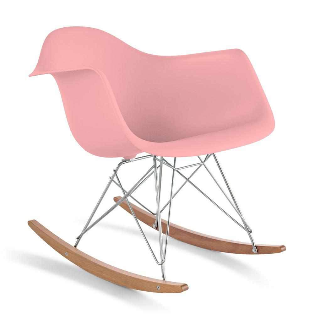 Reproduction Eiffel RAR, chaise berçante, en polypropylène, bois et métal,  rose pâle, frêne chrome