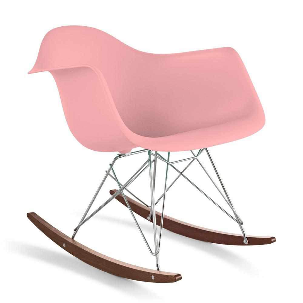 Reproduction Eiffel RAR, chaise berçante, en polypropylène, bois et métal,  rose pâle, noyer chrome