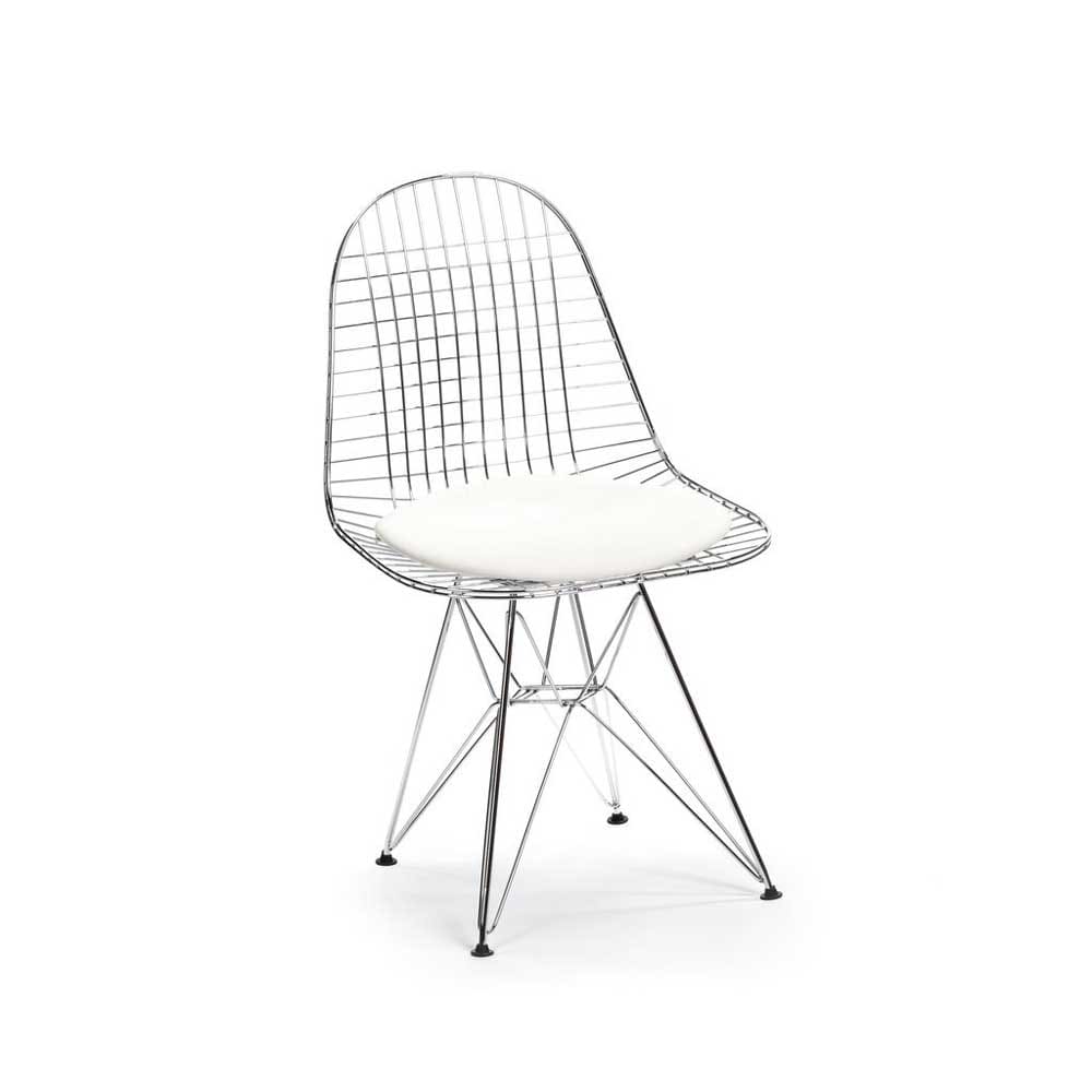 Reproduction Eiffel Wire DKR5, chaise à dîner avec coussin, en métal,  chrome / blanc