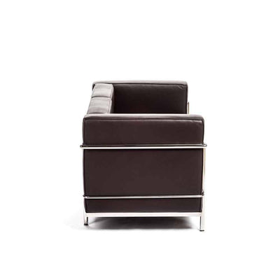 Reproduction LC2 2-PC, sofa 2 places, en cuir et métal chrome, cuir brun choco