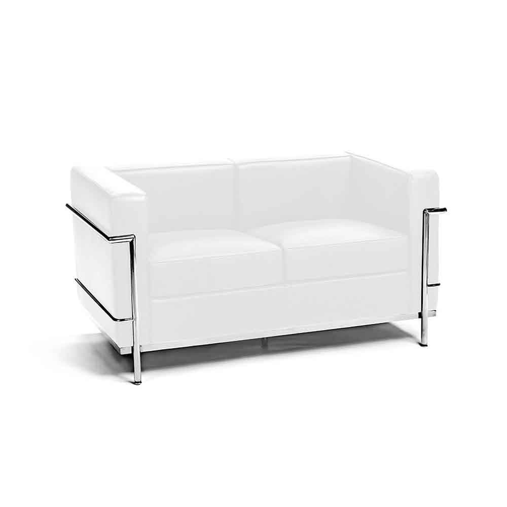 Reproduction LC2 2-PC, sofa 2 places, en cuir et métal chrome, cuir blanc