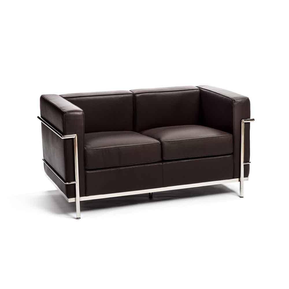 Reproduction LC2 2-PC, sofa 2 places, en cuir et métal chrome, cuir brun choco