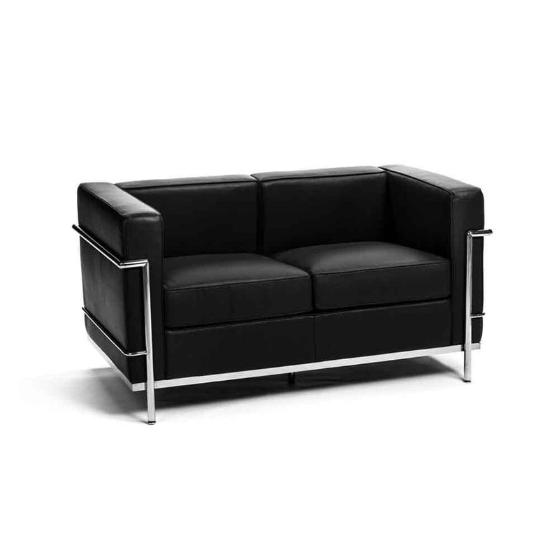 Reproduction LC2 2-PC, sofa 2 places, en cuir et métal chrome, cuir noir