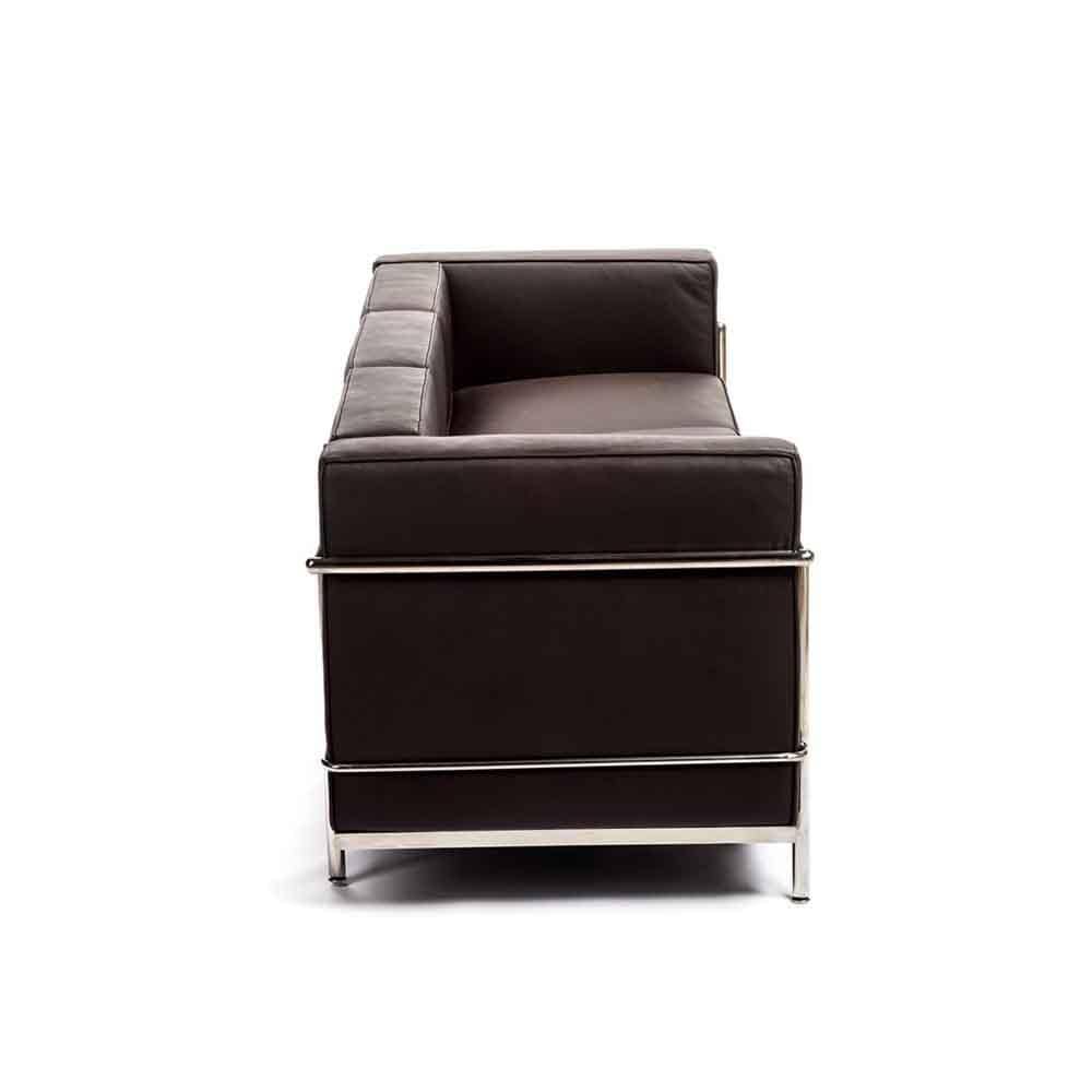 Reproduction LC2 3-PC, sofa 3 places, en cuir et métal chrome, cuir brun choco