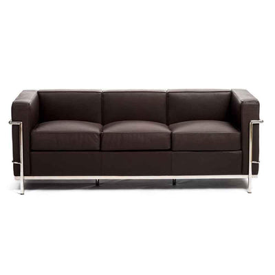 Reproduction LC2 3-PC, sofa 3 places, en cuir et métal chrome, cuir brun choco