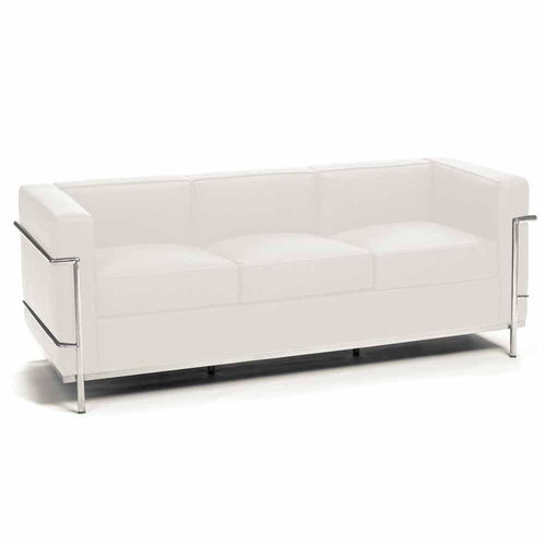 Reproduction LC2 3-PC, sofa 3 places, en cuir et métal chrome, cuir blanc