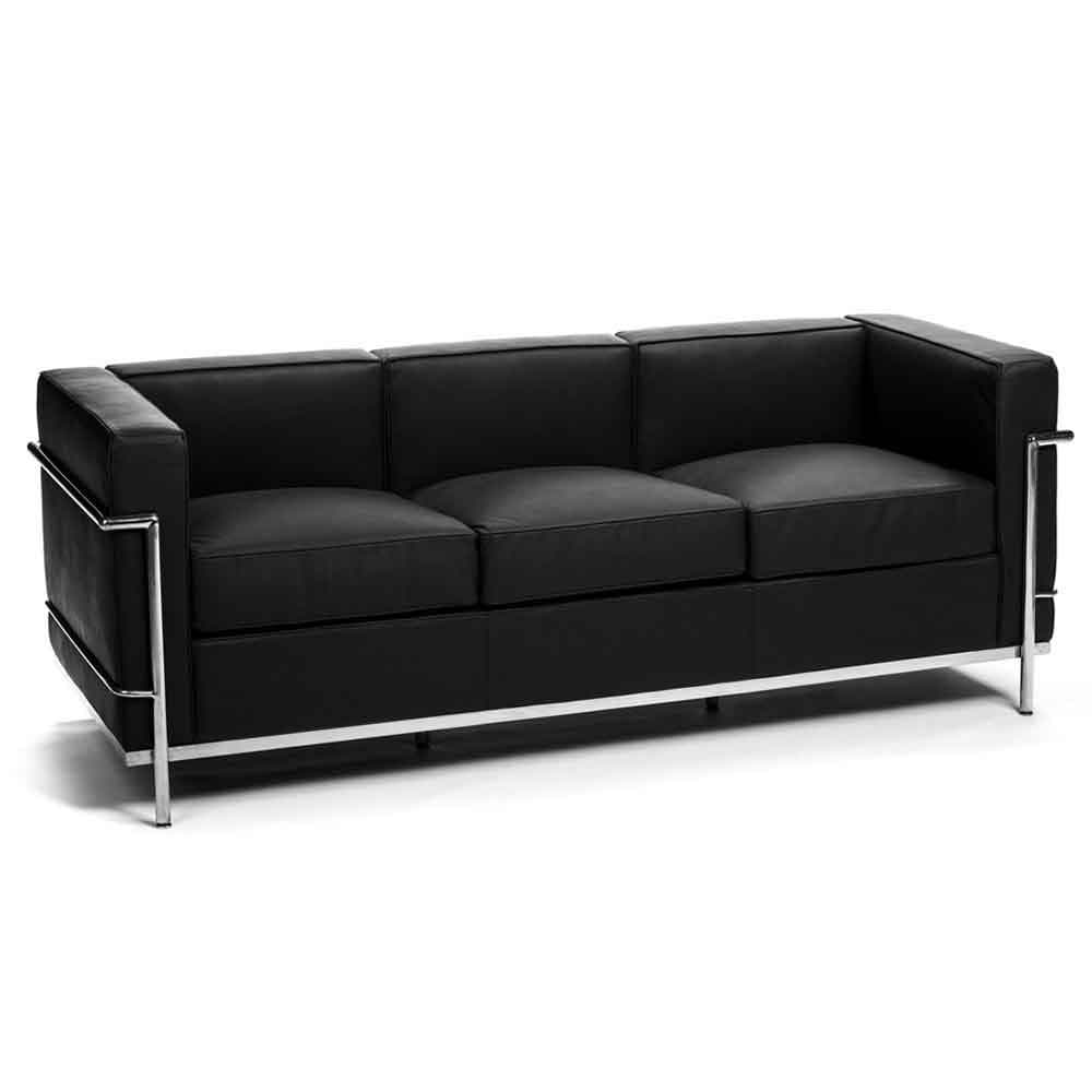 Reproduction LC2 3-PC, sofa 3 places, en cuir et métal chrome, cuir noir