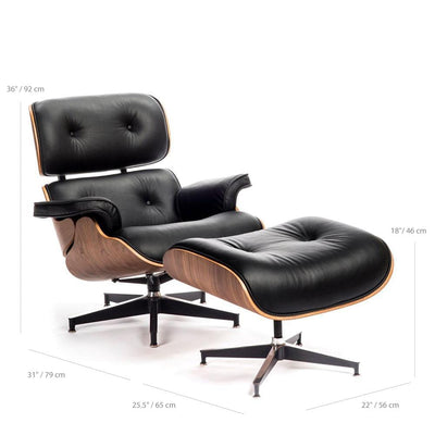 Classique du design - 20ème siècle Lounge, fauteuil et ottoman, en cuir et placage de bois, dimensions
