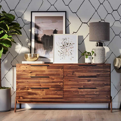 Découvrez la commode 6 tiroirs Remix : spacieuse, design naturel en bois d'acacia. Organisation polyvalente et chaleur pour votre chambre.