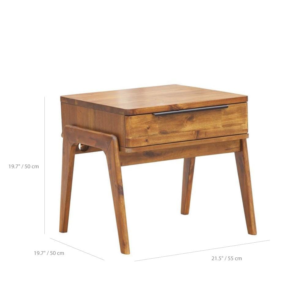 La table d'appoint Remix Nüspace : bois massif d'acacia, design Mid-Century. Son tiroir discret la rend polyvalente, transformant la pièce en une magnifique table de chevet aux accents chaleureux.