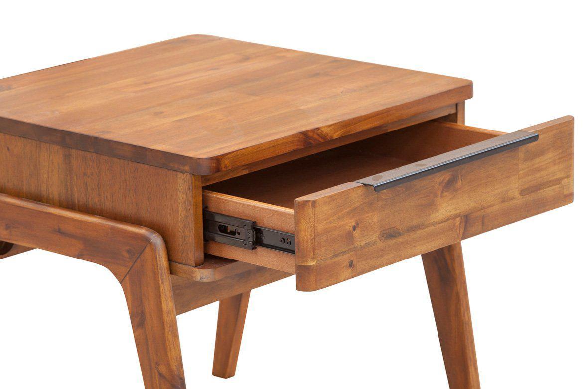 Nüspace Remix : table d'appoint en bois massif d'acacia, style Mid-Century. Son tiroir discret offre une polyvalence élégante, transformant la pièce en une table de chevet aux tonalités chaleureuses.