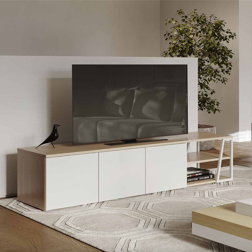 Avec son design dynamique, le meuble TV Albi de Tema Home, grâce à ses 3 portes et ses 2 niches, accueille vos derniers équipements multimédia