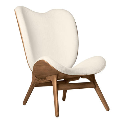 Umage A Conversation Piece Tall, fauteuil confortable avec dossier haut, en bois et tissu, chêne foncé, blanc teddy